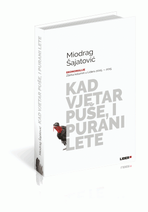 Naslovnica knjige KAD VJETAR PUŠE, I PURANI LETE: Ekonomalije, Zbirka kolumni u Lideru 2005. - 2015. - Ljubo Jurčić