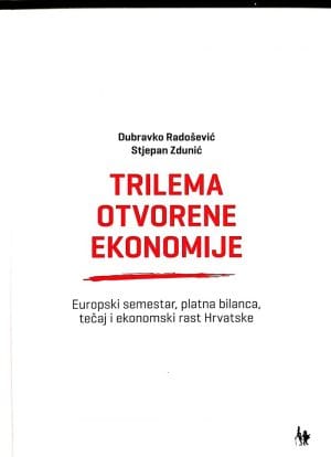 Naslovnica knjige TRILEMA OTVORENE EKONOMIJE: Europski semestar, platna bilanca, tečaj i ekonomski rast Hrvatske - Dubravko Radošević, Stjepan Zdunić