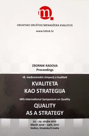 Naslovnica knjige KVALITETA KAO STRATEGIJA, zbornik radova: 18. međunarodni simpozij o kvaliteti